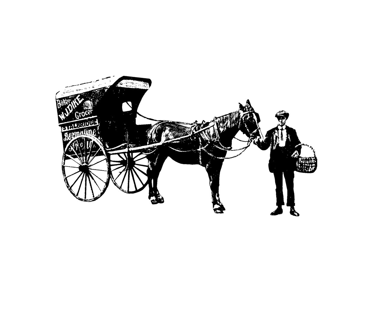 Horse and Cart with man and basket delivering groceries